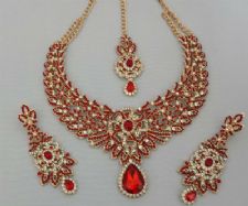 Indian Bollywood Red Gold Crystal Jewellery set